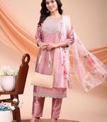 Peach color embroidered art silk festival wear kurti set 