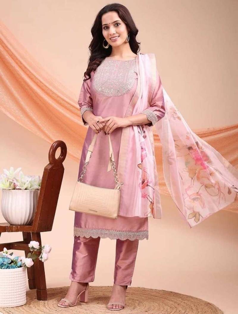 Peach color embroidered art silk festival wear kurti set 