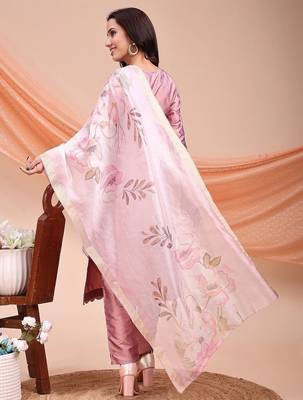Peach color embroidered art silk festival wear kurti set  2