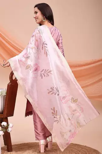 Peach color embroidered art silk festival wear kurti set 
