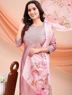 Peach color embroidered art silk festival wear kurti set  3