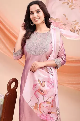 Peach color embroidered art silk festival wear kurti set 