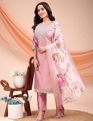 Peach color embroidered art silk festival wear kurti set  4