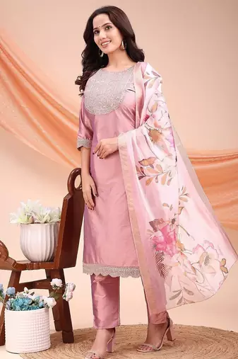 Peach color embroidered art silk festival wear kurti set 