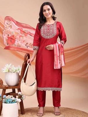 Maroon color embroidered art silk festival wear kurti set  1