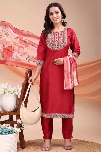 Maroon color embroidered art silk festival wear kurti set 