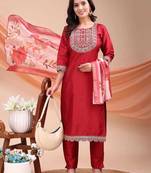 Maroon color embroidered art silk festival wear kurti set 