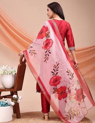 Maroon color embroidered art silk festival wear kurti set  2