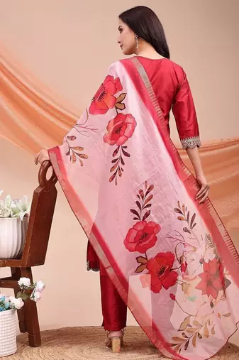 Maroon color embroidered art silk festival wear kurti set 