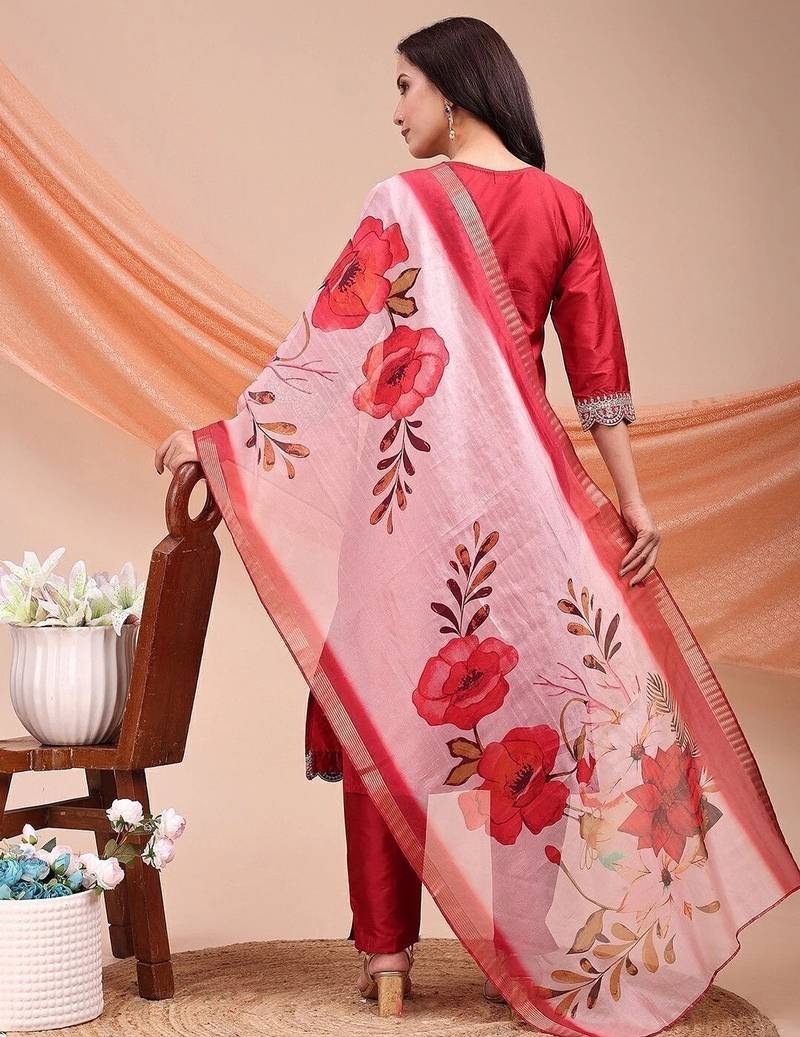 Maroon color embroidered art silk festival wear kurti set 