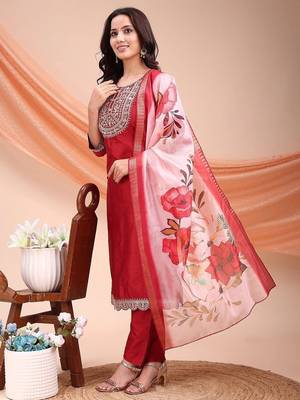 Maroon color embroidered art silk festival wear kurti set  3