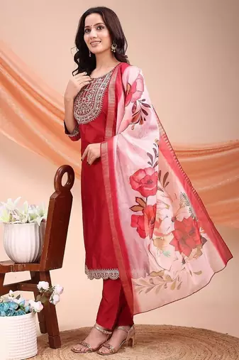 Maroon color embroidered art silk festival wear kurti set 