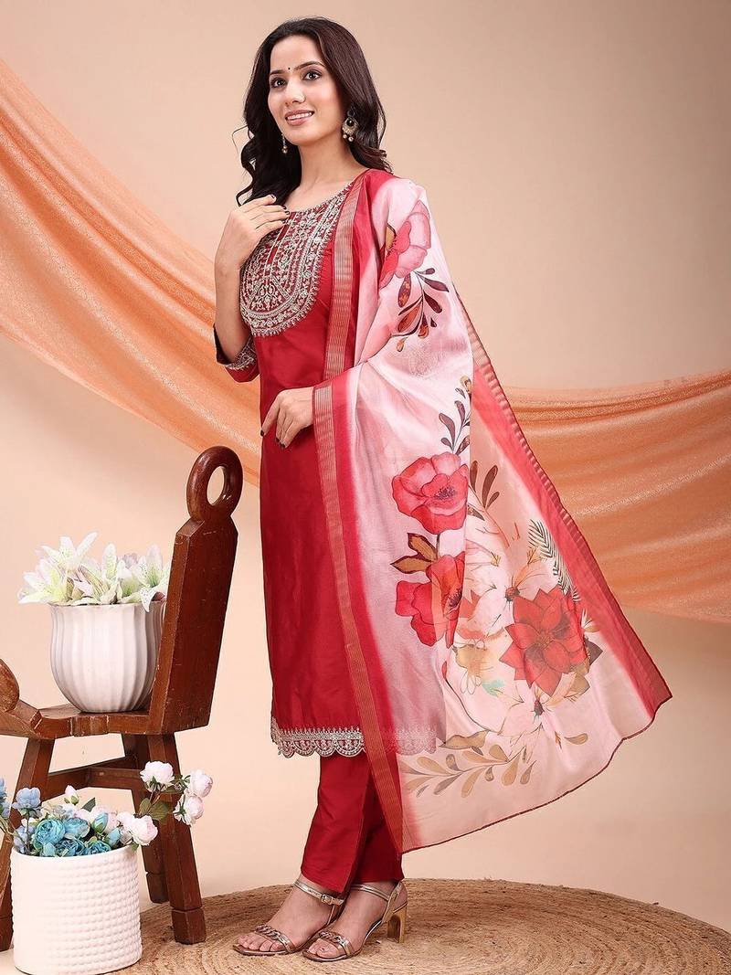 Maroon color embroidered art silk festival wear kurti set 