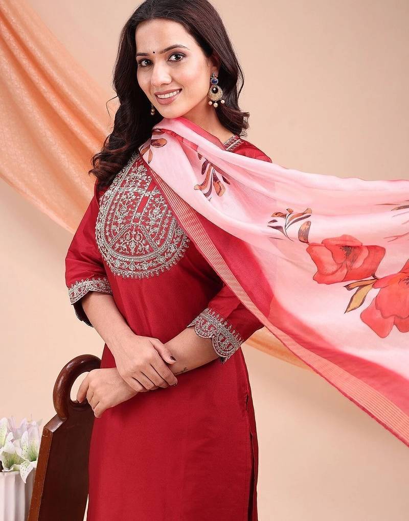 Maroon color embroidered art silk festival wear kurti set 