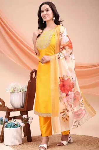 Mustard color embroidered art silk festival wear kurti set 