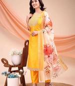 Mustard color embroidered art silk festival wear kurti set 