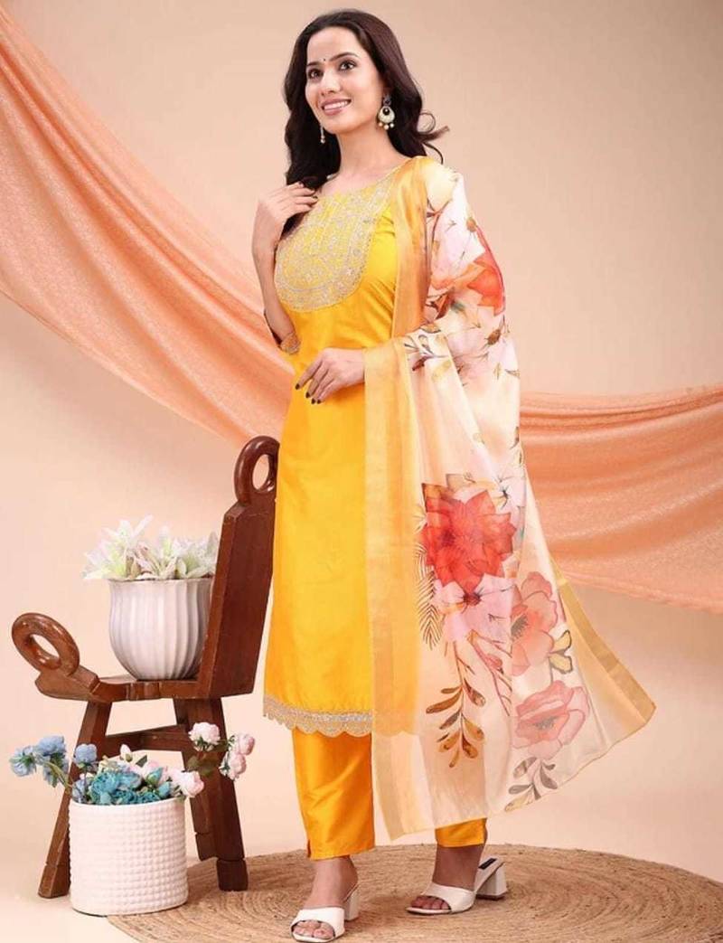 Mustard color embroidered art silk festival wear kurti set 