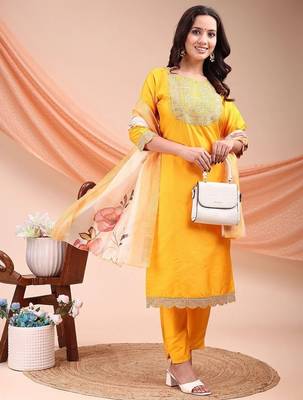Mustard color embroidered art silk festival wear kurti set  2