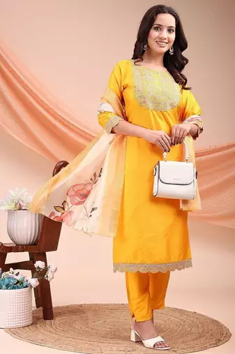 Mustard color embroidered art silk festival wear kurti set 