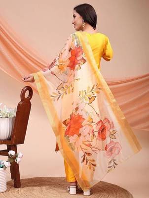 Mustard color embroidered art silk festival wear kurti set  3