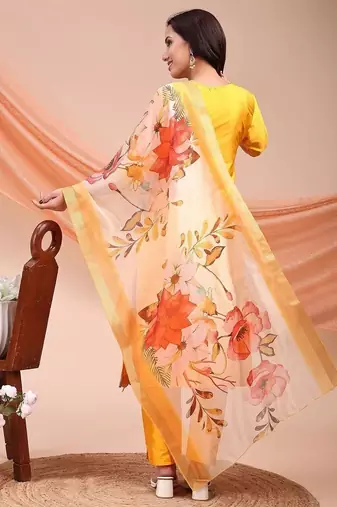 Mustard color embroidered art silk festival wear kurti set 