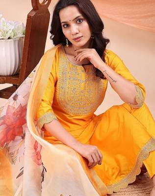 Mustard color embroidered art silk festival wear kurti set  4
