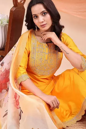 Mustard color embroidered art silk festival wear kurti set 