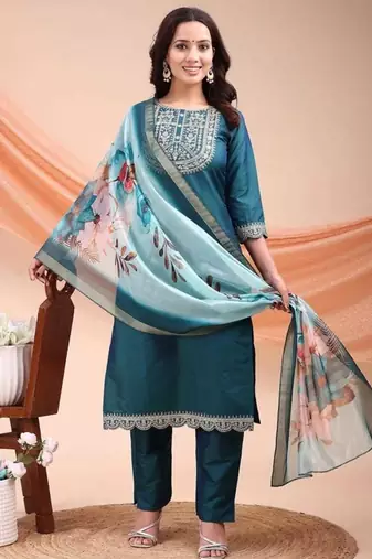Green color embroidered art silk festival wear kurti set 
