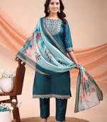 Green color embroidered art silk festival wear kurti set 