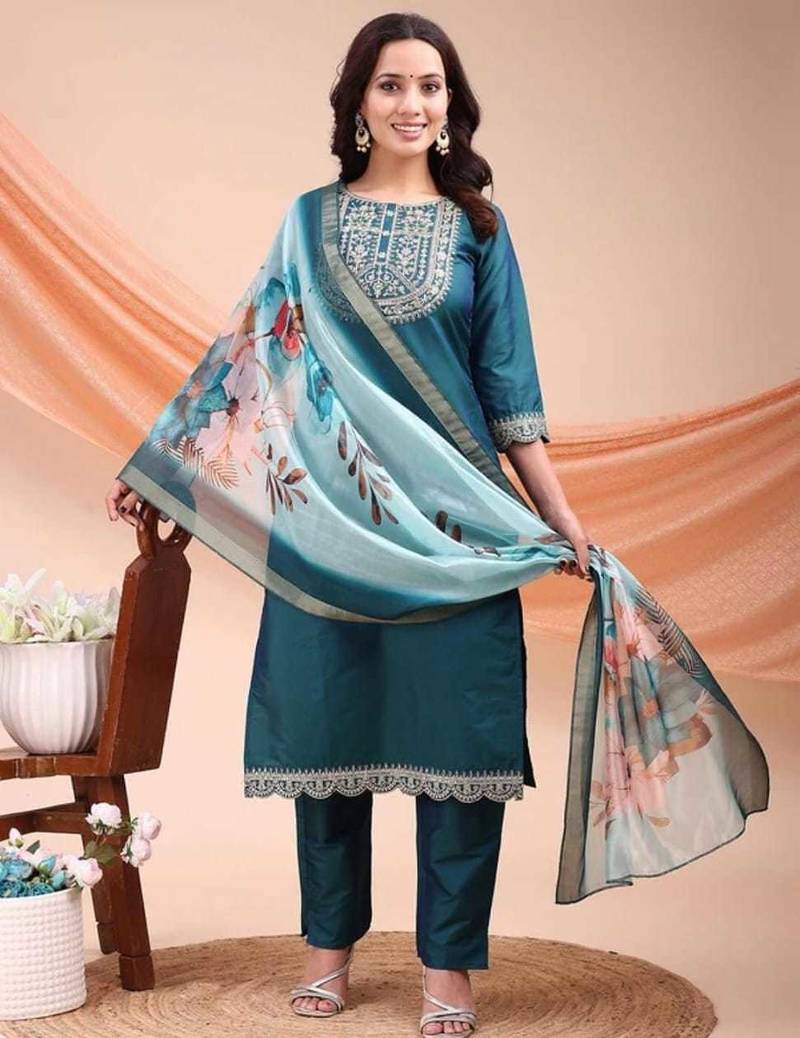 Green color embroidered art silk festival wear kurti set 