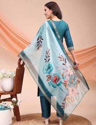Green color embroidered art silk festival wear kurti set  2