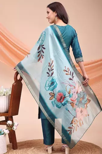 Green color embroidered art silk festival wear kurti set 