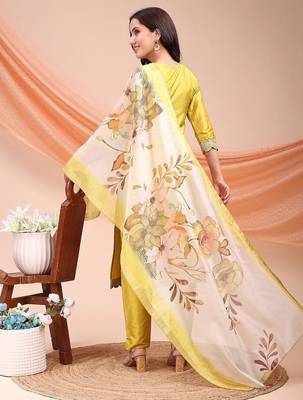 Lemon color embroidered art silk festival wear kurti set  1