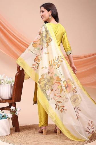Lemon color embroidered art silk festival wear kurti set 