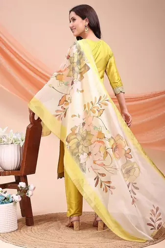 Lemon color embroidered art silk festival wear kurti set 