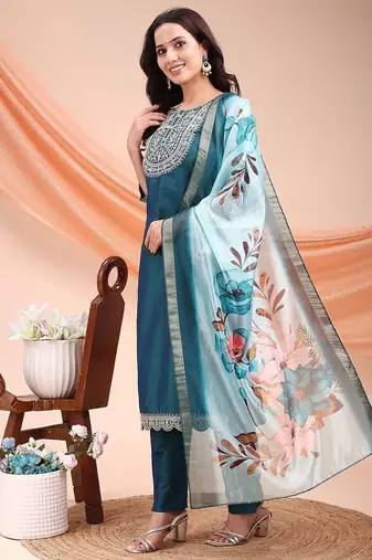 Green color embroidered art silk festival wear kurti set 