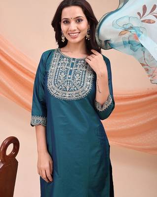 Green color embroidered art silk festival wear kurti set  4