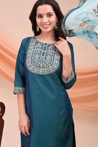 Green color embroidered art silk festival wear kurti set 