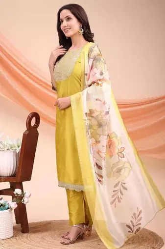 Lemon color embroidered art silk festival wear kurti set 