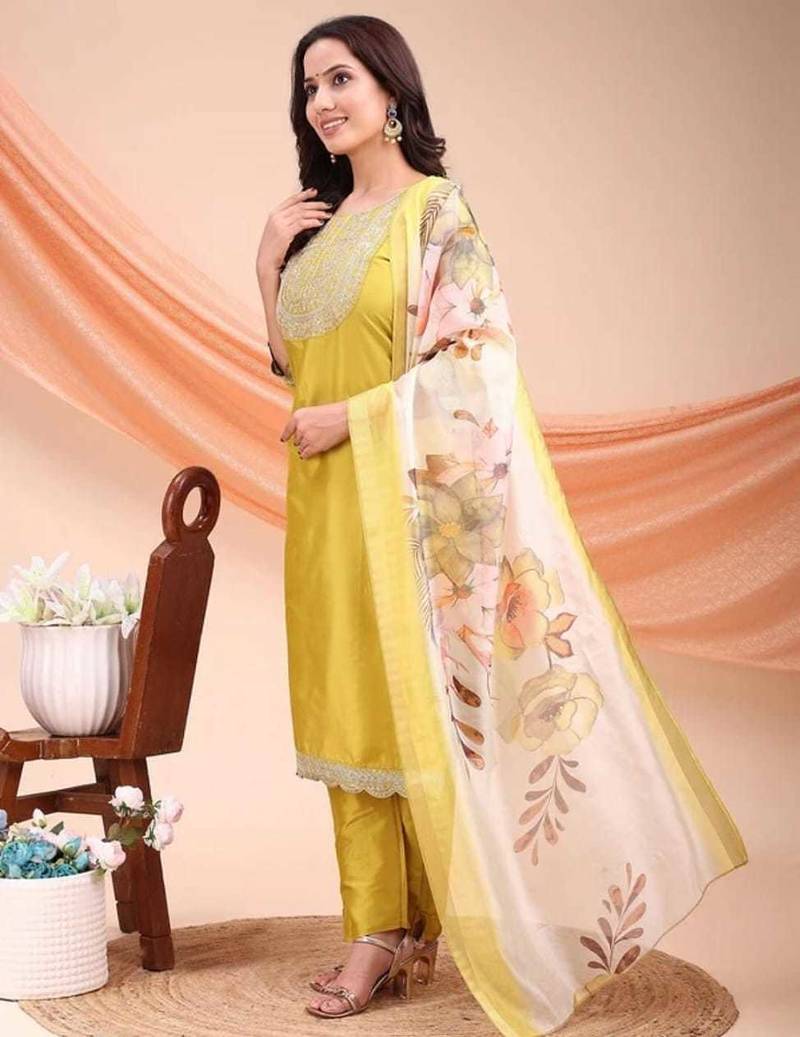Lemon color embroidered art silk festival wear kurti set 