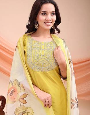 Lemon color embroidered art silk festival wear kurti set  3