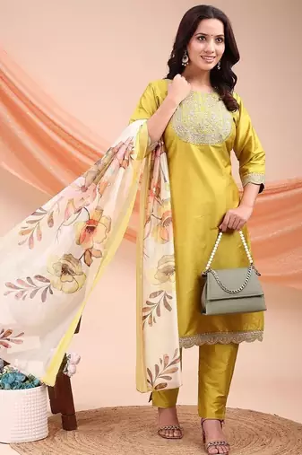 Lemon color embroidered art silk festival wear kurti set 