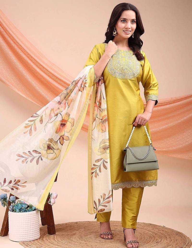 Lemon color embroidered art silk festival wear kurti set 