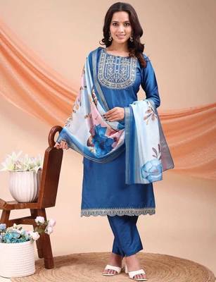 Blue color embroidered art silk festival wear kurti set  1