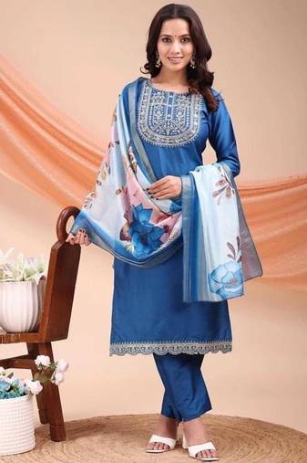 Blue color embroidered art silk festival wear kurti set 