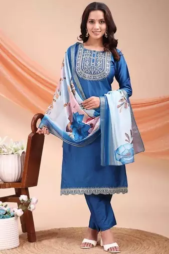 Blue color embroidered art silk festival wear kurti set 