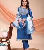 Blue color embroidered art silk festival wear kurti set 