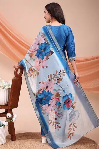 Blue color embroidered art silk festival wear kurti set 