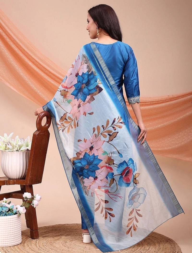Blue color embroidered art silk festival wear kurti set 