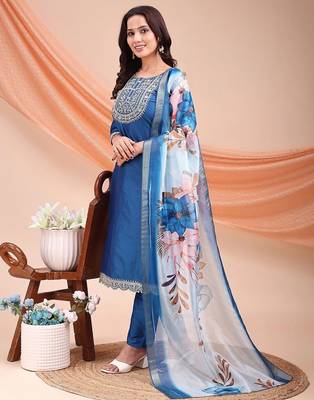 Blue color embroidered art silk festival wear kurti set  3